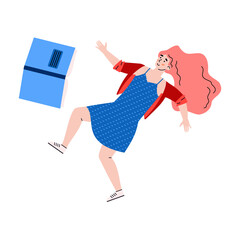 Young woman floating with opened book. Female student or literary fan inspired by love to reading is flying and moving in imagination, dreams. Vector illustration isolated on white