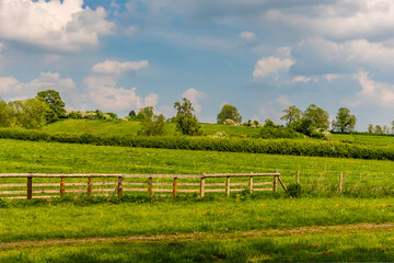 A view across the fields towards the village of Gumley near Market Harborough, UK in springtime