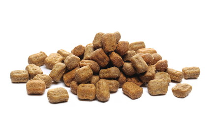 Dry dog food with bacon, granules isolated on white background