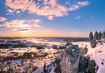 Panoramic view of winter landscape from mountain Walberla in Franconian Switzerland