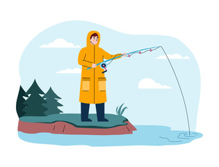 Fisherman catch fish standing on shore. Man in yellow raincoat holds fishing rod in water and waits for bite. Outdoor hobby, activity and leisure for fishers. Vector illustration