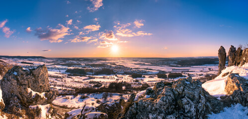 Panoramic view of winter landscape from mountain Walberla in Franconian Switzerland
