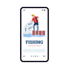 Happy fisherman pulls net with fish catch. Mobile phone screen with app for adventure in fishing season, outdoor hobby and leisure for fishers. Vector flat illustration