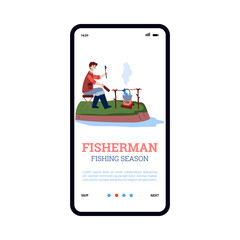 Fisherman sitting on shore with catch and cook fish soup bonfire. Mobile phone screen with advertise trip, adventure, hobby, outdoor activity and leisure in fishing season. Vector.