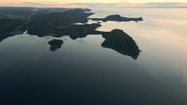 Aerial Footage of Sunset at Bic National Park During Summer. Saint-Lawrence's Seashore. 