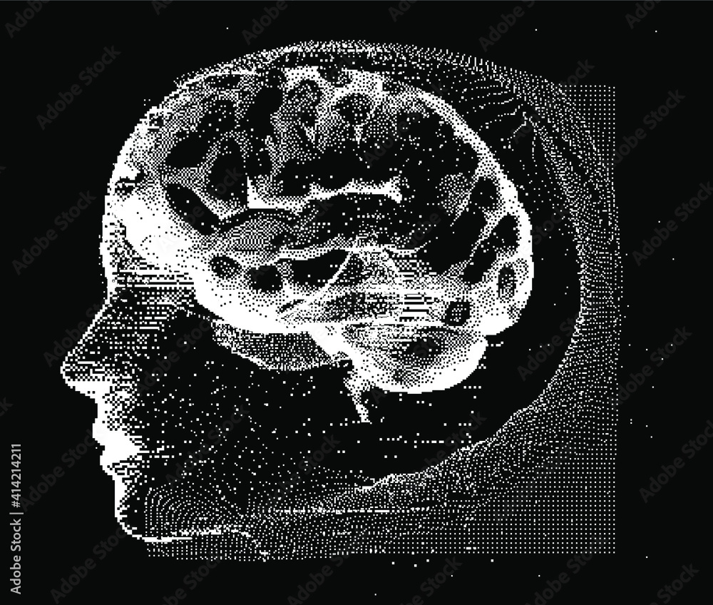 Poster 3d illustration human brain anatomy made of pixels and particles for neural network and machine lear