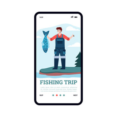 Happy fisherman hold big catch fish in hand and showing sign thumb up. Hobby and leisure, trip and adventure in fishing season. Vector illustration. Mobile phone screen
