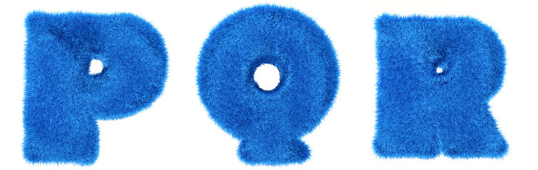 Teddy blue alphabet. Hair letters P, Q, R. Blue fur in 3d render. Isolated background.