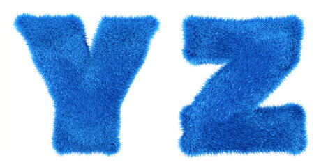 Teddy blue alphabet. Hair letters Y, Z. Blue fur in 3d render. Isolated background.