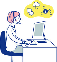 ヘッドセットをつけてパソコン作業をする女性