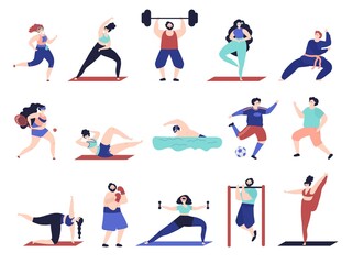 Fototapeta na wymiar People doing sport. Workout characters, active male female sport exercise. Flat friends training, tennis yoga jogging decent vector set. Fitness healthy, active stretching and training illustration