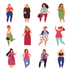 Plump woman. Plus size young people, fashion clothes for overweight big girls. Isolated beautiful large female characters decent vector set. Illustration plump body, young overweight people