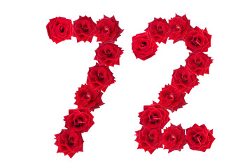 Numeral 72 made of red roses on a white isolated background. Element for decoration. seventy two....
