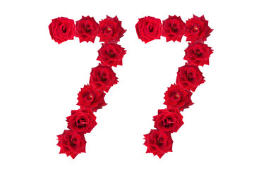 Numeral 77 made of red roses on a white isolated background. Element for decoration. seventy seven. Red roses.