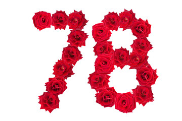 Numeral 78 made of red roses on a white isolated background. Element for decoration. seventy eight. Red roses.