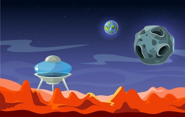 Mars landscape. Colonization, alien space background. View from red planet on Earth and moon cartoon vector illustration. Landscape mars colonization, surface planet