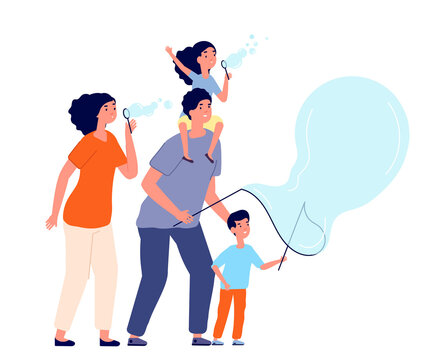 Family and bubbles. Soap bubble blowing, happy parents and child outdoor game. People play together, summer fun activity utter vector concept. Illustration parenthood with children, mother and father