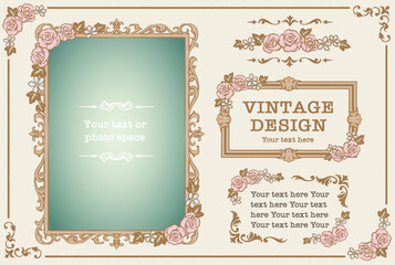 アンティークなお花の装飾フレーム、飾り罫、オーナメントのベクターセット。フォトフレームなどに。