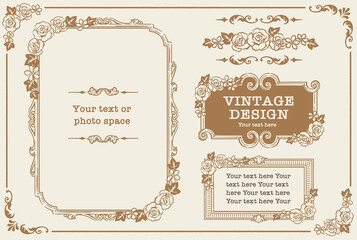 アンティークなお花の装飾フレーム、飾り罫、オーナメントのベクターセット。フォトフレームなどに。