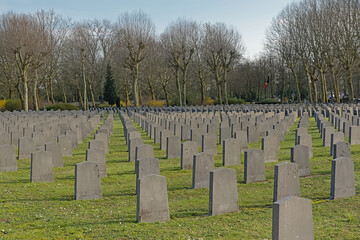Field with rows of anonymous soldier graves in Westerbegraafplaats cemetery, Ghent