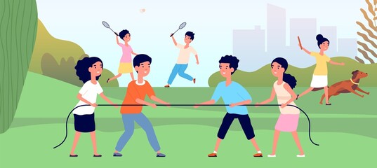 Kids tug of war. Outdoor child games, cartoon kid competition. Girl boy pull rope, play badminton or with dog flat utter vector illustration. Outdoor game, activity in childhood with pull rope