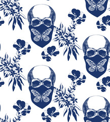 Vintage blue skull in bandana with flowers seamless pattern	
