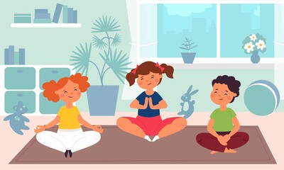 Kids meditation. Children yoga, kindergarten sport class. Fun child training, cartoon healthy meditating group decent vector illustration. Yoga meditation kids, children rest in kindergarten