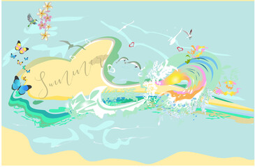 Fototapeta na wymiar Series of tropical backgrounds. Background with a sandy beach in the form of heart on an island in the ocean with waves and butterflies. Hand drawn vector illustration.