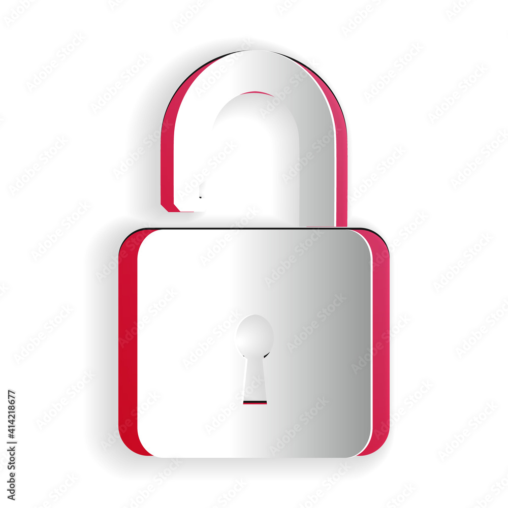 Poster paper cut open padlock icon isolated on white background. opened lock sign. cyber security concept. 