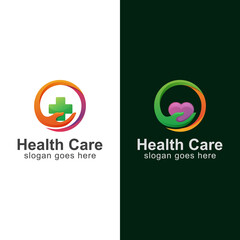 modern logo design of health care medicine with hand symbol and icon illustration