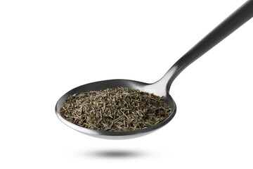 dried rosemary in iron spoon isolated on white background