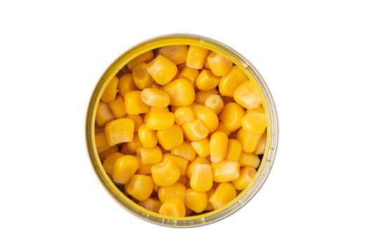 canned corn in a jar isolated on white background, top view