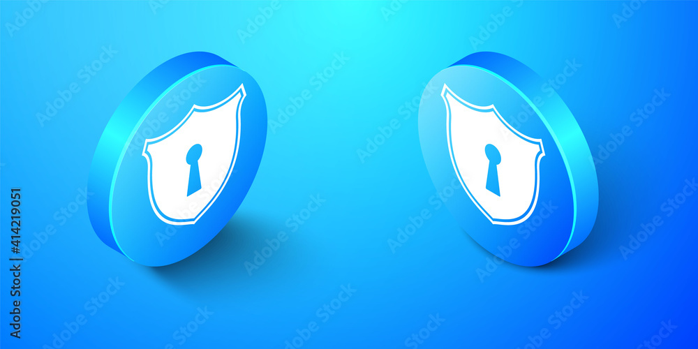 Poster isometric shield with keyhole icon isolated on blue background. protection and security concept. saf
