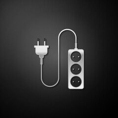 Silver Electric extension cord icon isolated on black background. Power plug socket. Long shadow style. Vector.