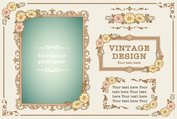 アンティークなお花の装飾フレーム、飾り罫、オーナメントのベクターセット。フォトフレームなどに。