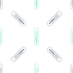 Green Celsius and fahrenheit meteorology thermometers measuring icon isolated seamless pattern on white background. Thermometer equipment showing hot or cold weather. Vector.