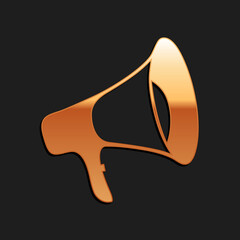 Gold Megaphone icon isolated on black background. Long shadow style. Vector.