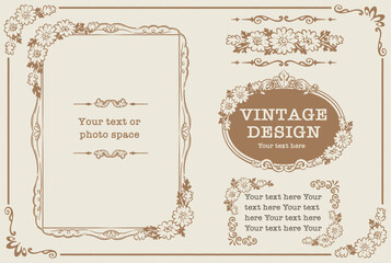 アンティークなお花の装飾フレーム、飾り罫、オーナメントのベクターセット。フォトフレームなどに。