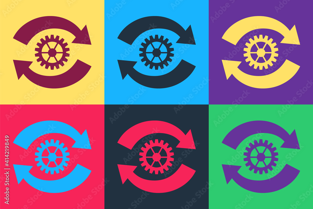 Poster pop art gear and arrows as workflow concept icon isolated on color background. gear reload sign. vec