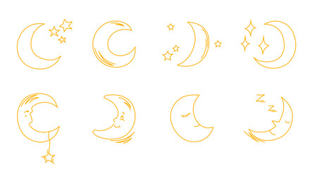 Baby cute print elements crescent moon. Vector line icon set with simple doodle moon.