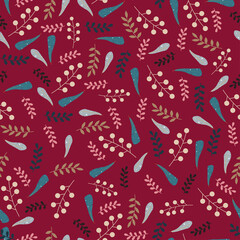 Pattern with feathers and branches on red background. Cartoon style vector endless texture. 
