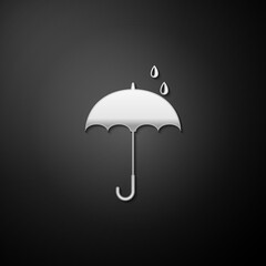 Silver Classic elegant opened umbrella icon isolated on black background. Rain protection symbol. Long shadow style. Vector.