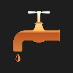 Gold Water tap with a falling water drop icon isolated on black background. Long shadow style. Vector.