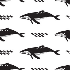 seamless pattern with whale and sea wave on white background