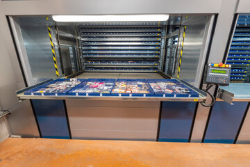 Automated storage system in the warehouse. Vertical carousel storage unit. Beautiful backgrounds....