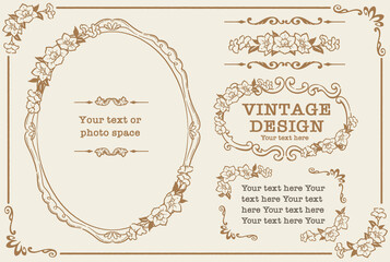 アンティークなお花の装飾フレーム、飾り罫、オーナメントのベクターセット。フォトフレームなどに。