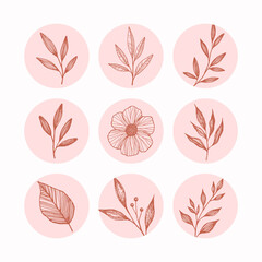 Flowers and leaves vector round stickers set. Botanical nature highlights cover icons for social media