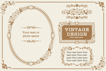 アンティークなお花の装飾フレーム、飾り罫、オーナメントのベクターセット。フォトフレームなどに。