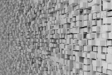 Geometric cement background from randomly shifted cubes of different sizes with defocused copy space place on the left side, 3d rendering, 3d rendering