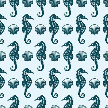 seamless nautical pattern with seahorse and shell